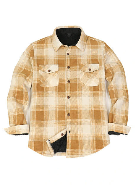 Front view of button closed desert ivory men's sherpa lined plaid shirt jacket