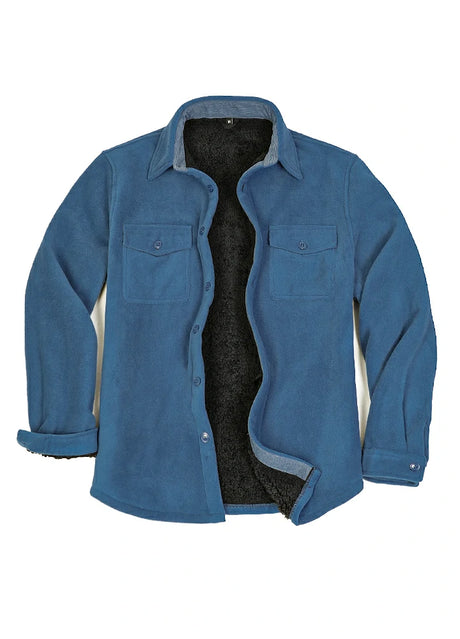 Front view of light blue men's warm sherpa lined fleece shirt jacket