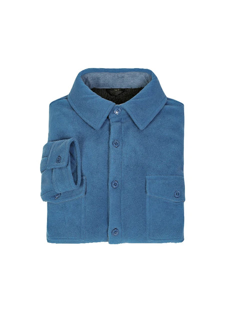 A high view of folded light blue men's warm fleece interior shirt jacket