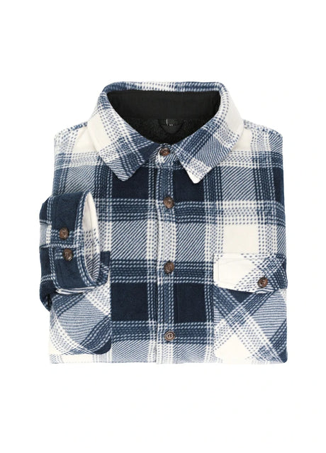 A high view of folded ocean breeze tartan men's button closure jacket with sherpa lining