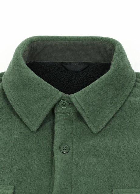 Close-up of the lapel of lark green men's cozy fleece shirt jacket with sherpa lining 