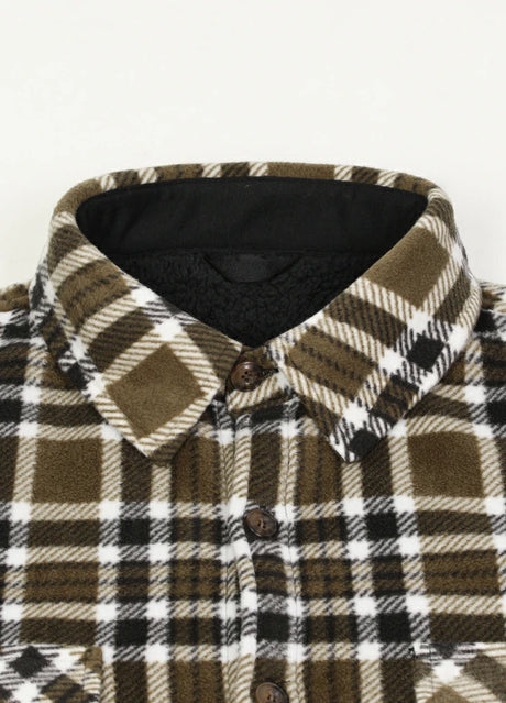 Front view of the lapel of brown white men's button closure sherpa lined shirt jacket