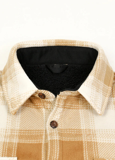 Close-up of the lapel of desert ivory men's button plaid shirt jacket with sherpa lining