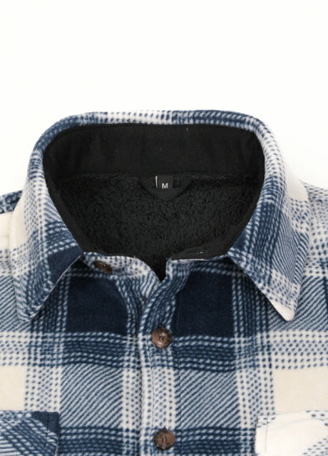 Front view of the lapel of ocean breeze tartan men's button closure sherpa lined shirt jacket