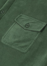 Close-up of the pocket of lark green men's winter sherpa fleece lined shacket 