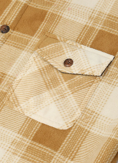 Close-up of the pocket of desert ivory button plaid shirt jacket for men