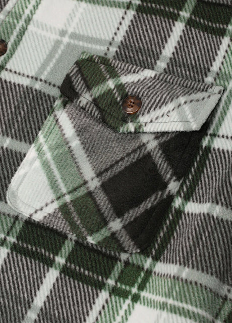 Close-up of the pocket of midnight dawn button plaid shirt jacket for men