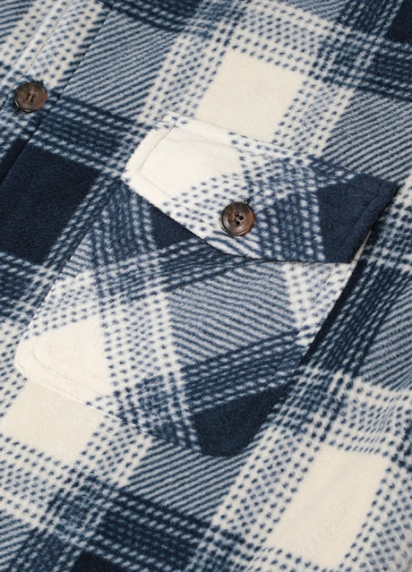 Close-up of the pocket of ocean breeze tartan men's winter button closure shirt jacket