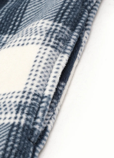 Close-up of the seam pocket of ocean breeze tartan men's sherpa lined plaid shirt jacket with button closure