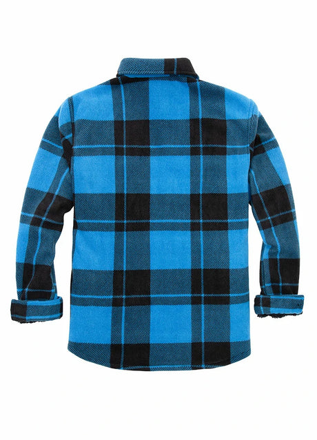 Back view of blue black men's button down plaid shirt jacket