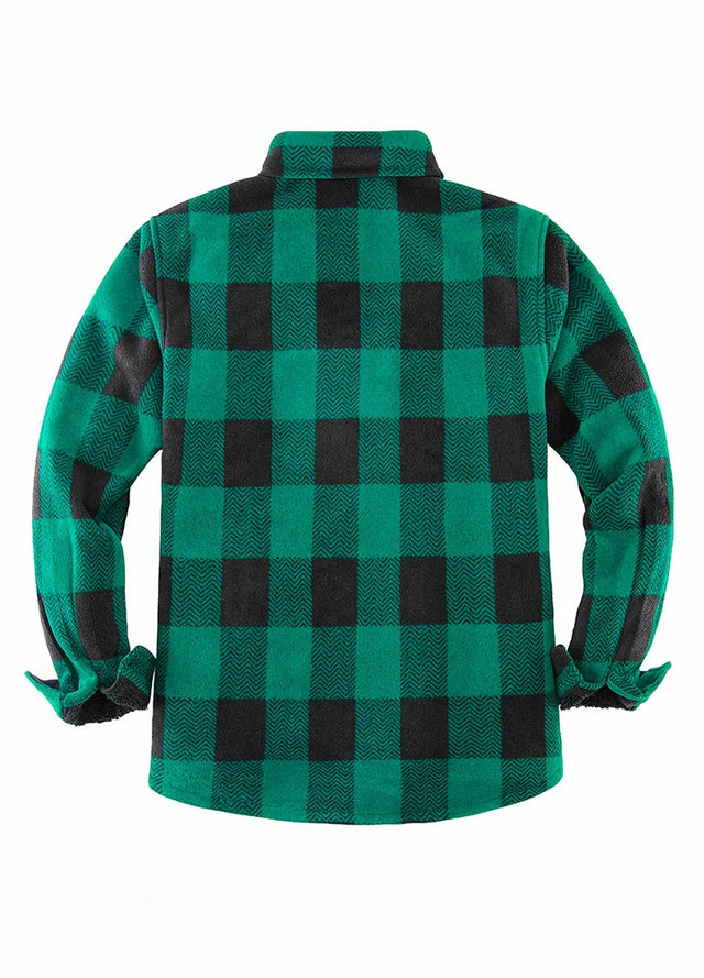 Back view of green men's button down plaid shirt jacket