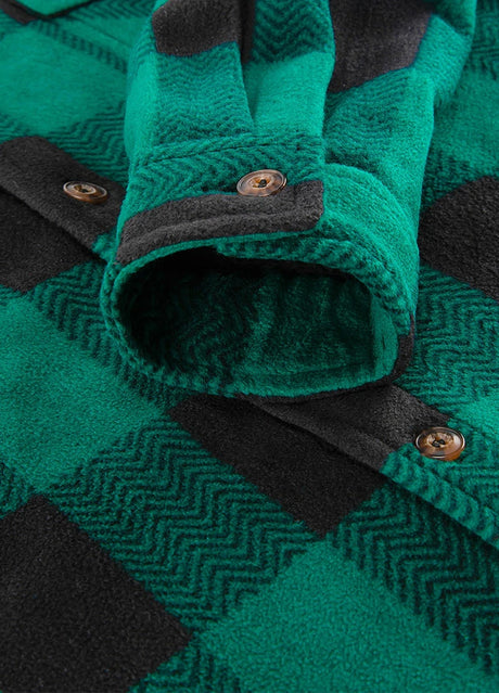 Close-up of the cuff of green sherpa lined plaid shirt jacket for men