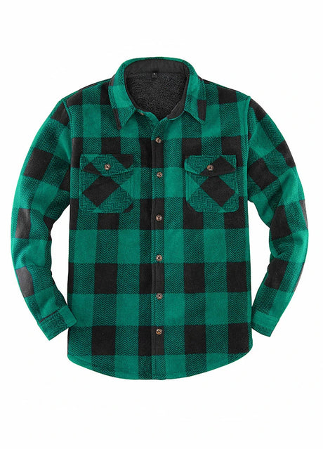 Front view of button closed green men's sherpa lined plaid shirt jacket