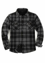 Front view of button closed grey men's sherpa lined plaid shirt jacket