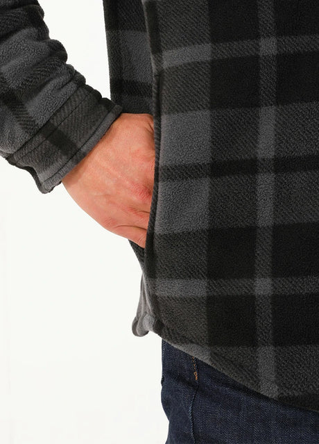 Detailed view of grey sherpa lined plaid shacket for men