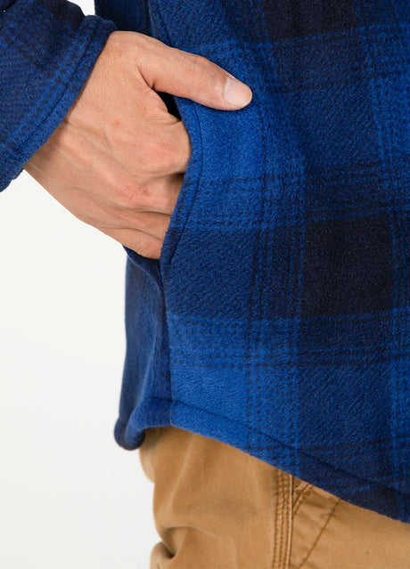 Detailed view of seam pocket of navy black sherpa lined plaid shacket for men