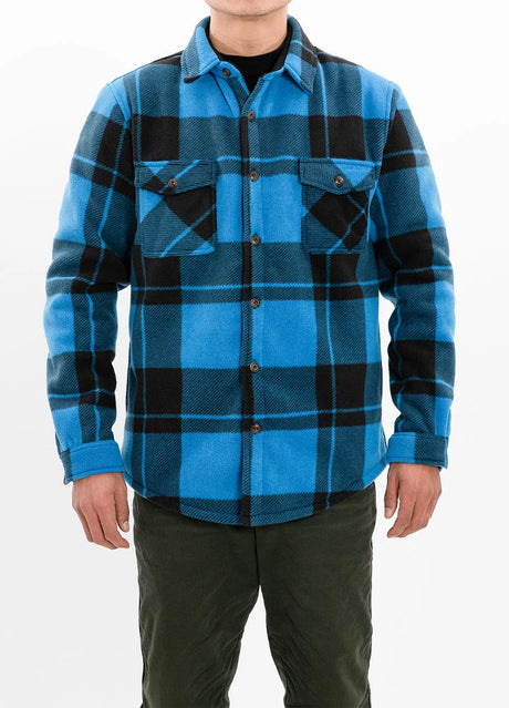 A man in a blue black sherpa lined plaid jacket for men