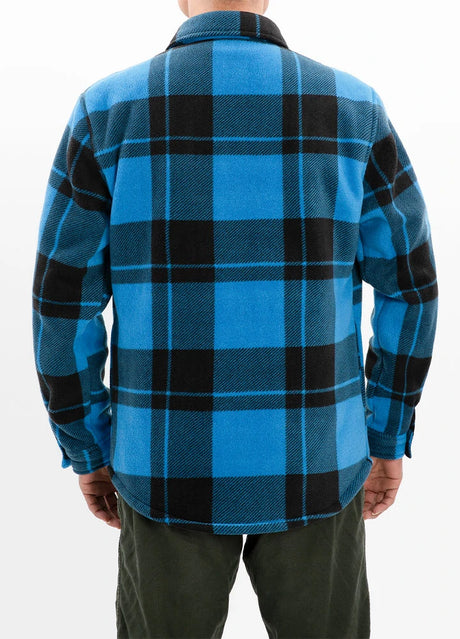 Back view of a man in a blue black men's classic button down plaid shirt jacket