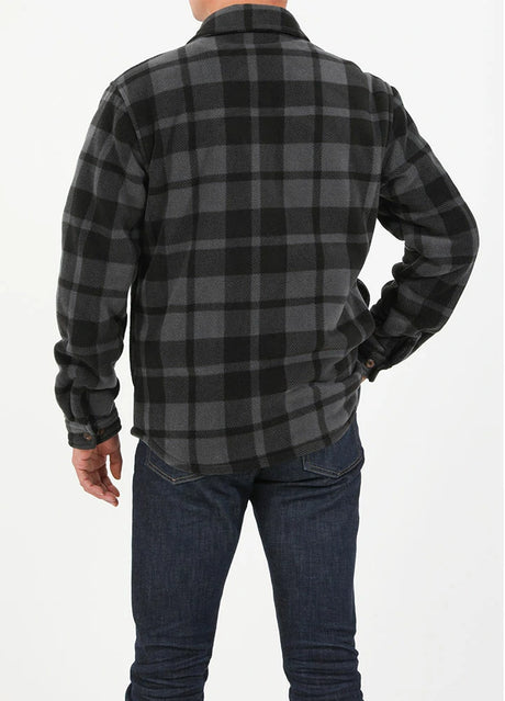 Back view of a man with one hand in pocket in a grey sherpa lined plaid jacket for men