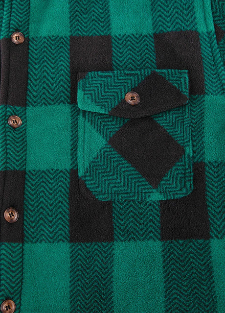 Close-up of the pocket of green button plaid shirt jacket for men