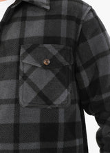 Detailed view of grey button plaid shirt jacket for men