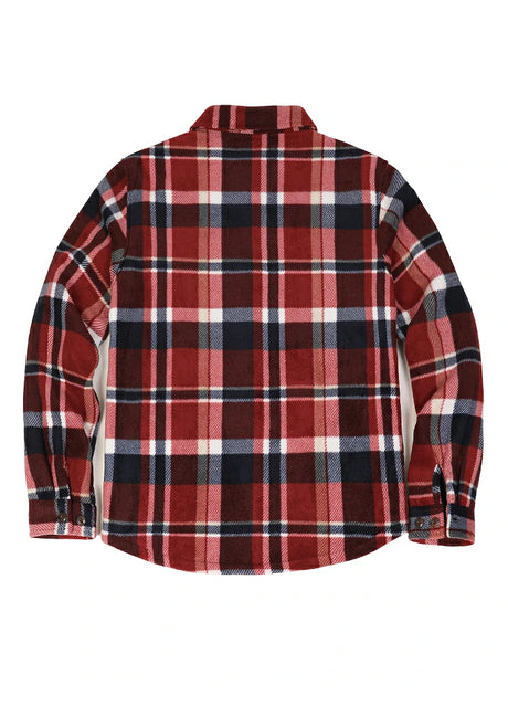 Back view of redwood men's button down plaid shirt jacket