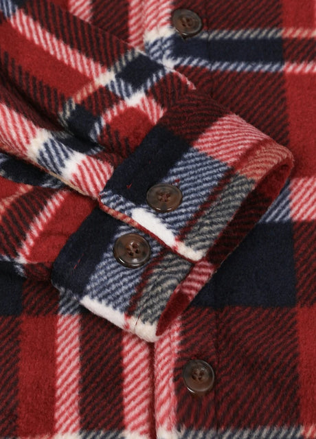 Close-up of the cuff of redwood sherpa lined plaid shirt jacket for men