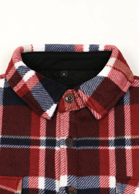 Close-up of the lapel of redwood men's button plaid shirt jacket with sherpa lining