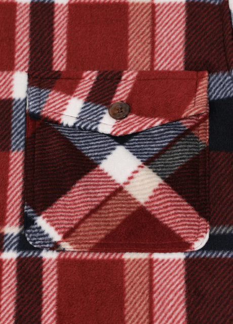 Close-up of the pocket of redwood button plaid shirt jacket for men