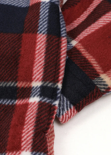 Close-up of the seam pocket of redwood sherpa lined plaid shacket for men