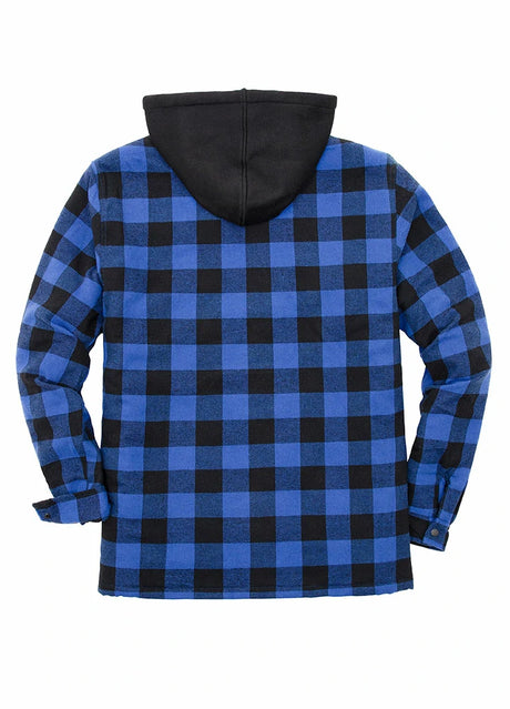 Back view of blue buffalo plaid men's quilted lined plaid flannel shacket