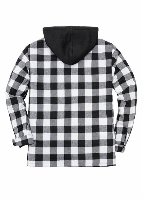 Back view of black white plaid men's quilted lined plaid flannel shacket