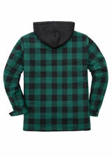 Back view of green buffalo plaid men's quilted lined plaid flannel shacket