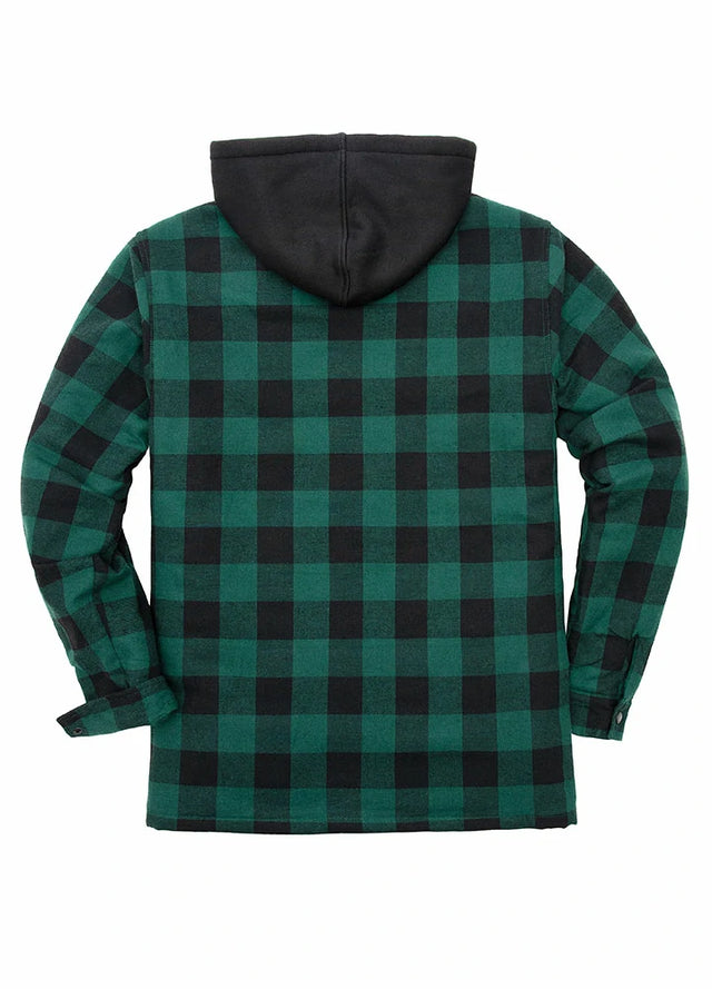 Back view of green buffalo plaid men's quilted lined plaid flannel shacket