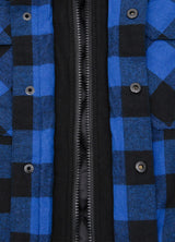 Close-up of the snap button of blue buffalo plaid men's thicken plaid hooded flannel shacket