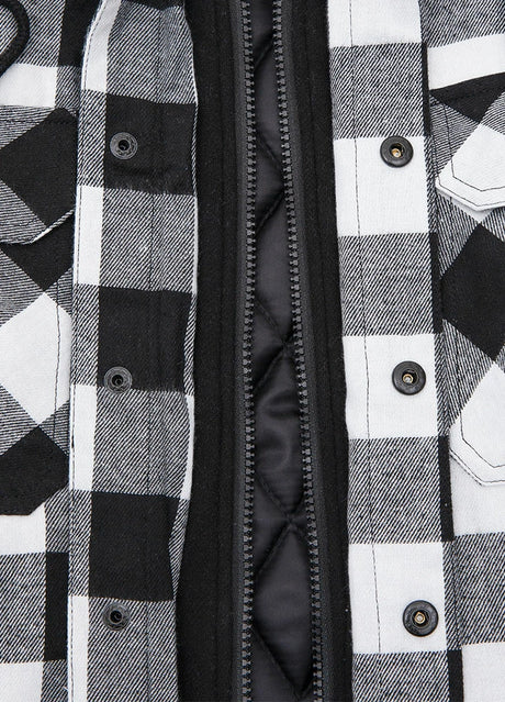 Close-up of the snap button of black white plaid men's thicken plaid hooded flannel shacket