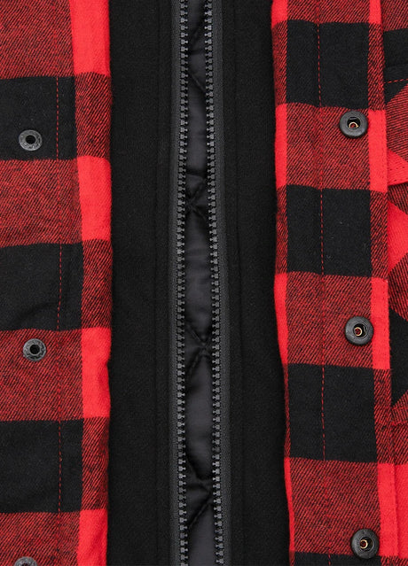 Close-up of the snap button of red buffalo plaid men's thicken plaid hooded flannel shacket