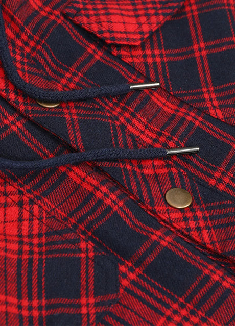 Detailed view of the snap button of red navy men's thicken plaid hooded flannel shacket