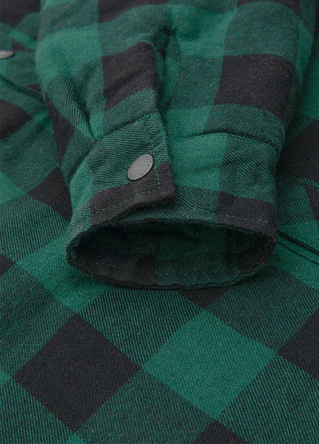 Close-up of cuff of green buffalo plaid men's hooded flannel jacket with quilted lining