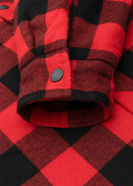 Close-up of cuff of red buffalo plaid men's hooded flannel jacket with quilted lining