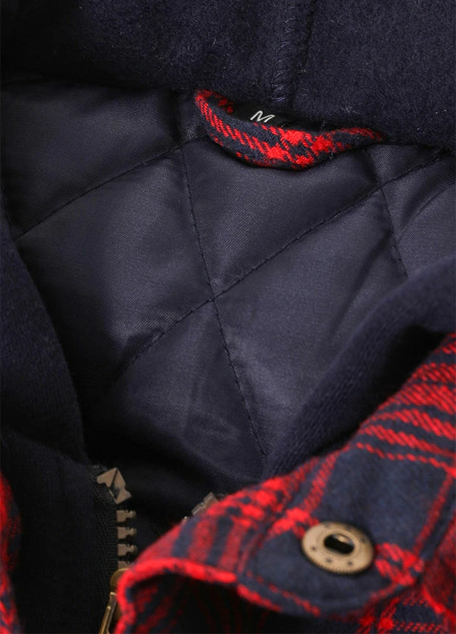 Close-up of the lining of red navy men's plaid hooded flannel shirt jacket 