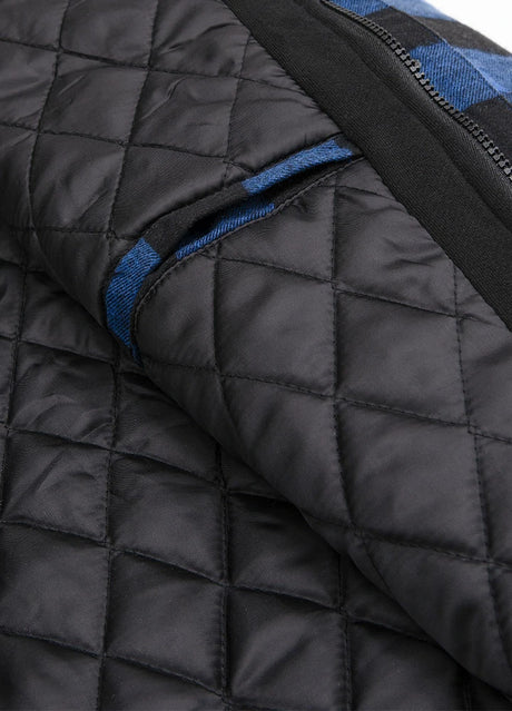 Close-up of the inner pocket of blue buffalo plaid men's thicken flannel hoodie with quilted lining