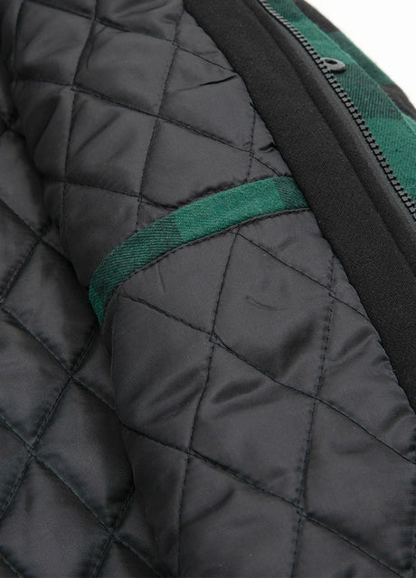 Close-up of the inner pocket of green buffalo plaid men's thicken flannel hoodie with quilted lining