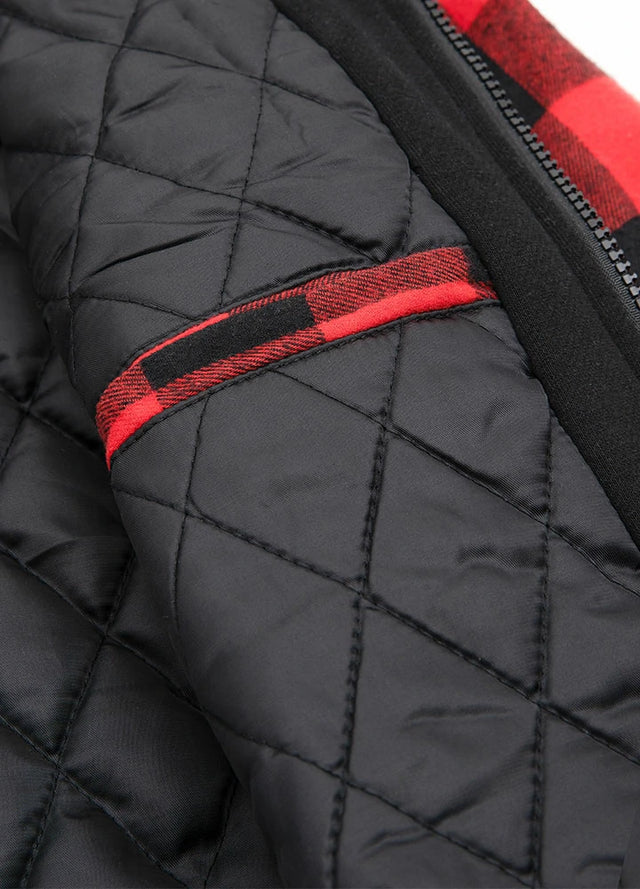 Close-up of the inner pocket of red buffalo plaid men's thicken flannel hoodie with quilted lining