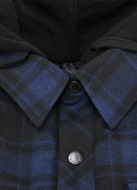 Close-up of the lapel of dark blue men's hooded flannel jacket with quilted lining