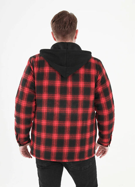 Back view of a man in a red men's thicken plaid hooded flannel jacket