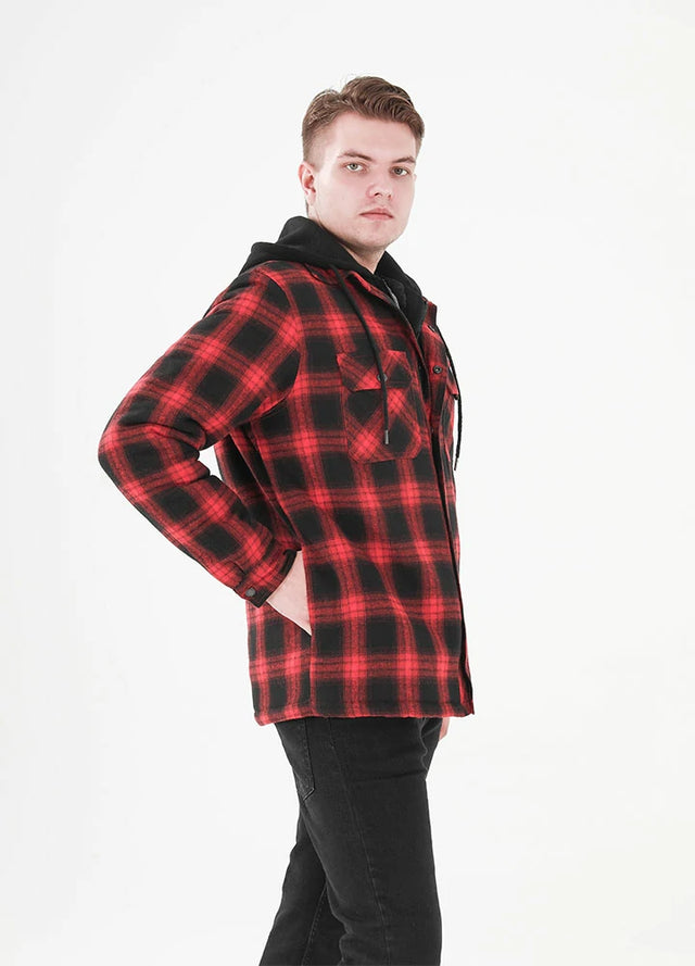 Side view of a man in a red men's hooded flannel plaid jacket with quilted lining