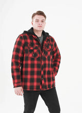 A man with one hand in his pockets in a red men's thicken plaid hooded flannel shacket