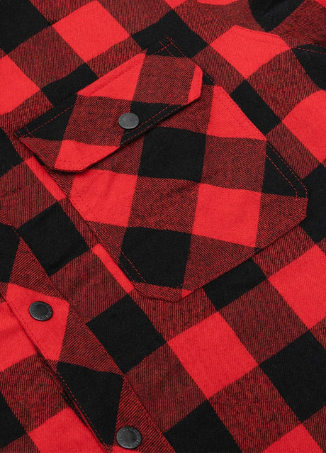 Close-up of the pocket of red buffalo plaid men's quilted lined plaid flannel shirt jacket