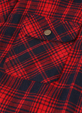 Close-up of the pocket of red navy men's quilted lined plaid flannel shirt jacket